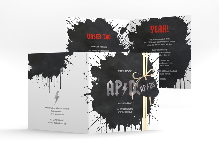Hochzeitseinladung Hardrock quadr. Klappkarte schwarz silber für Rockband-Fans