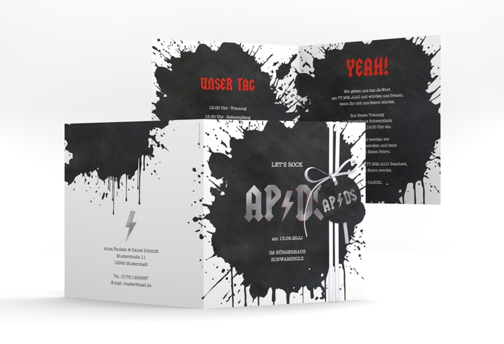 Hochzeitseinladung Hardrock quadr. Klappkarte schwarz silber für Rockband-Fans