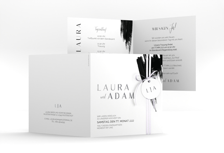 Hochzeitseinladung Brush quadr. Klappkarte schwarz silber