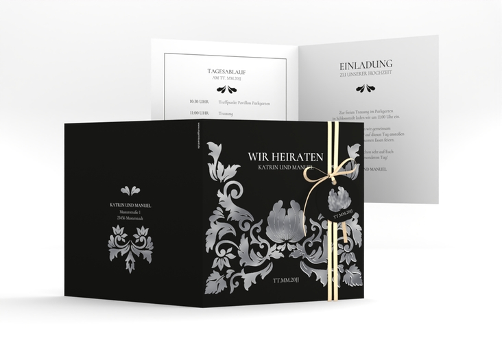 Hochzeitseinladung Royal quadr. Klappkarte schwarz silber mit barockem Blumen-Ornament