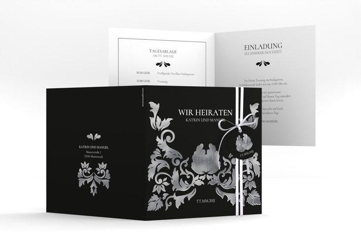 Hochzeitseinladung Royal quadr. Klappkarte schwarz silber mit barockem Blumen-Ornament