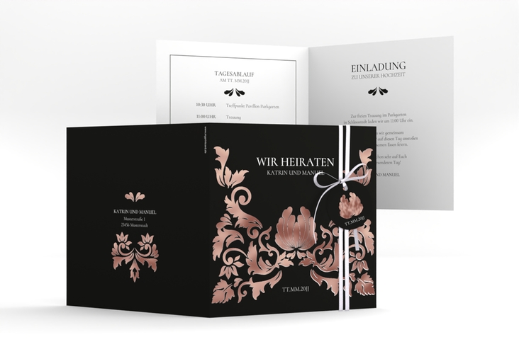 Hochzeitseinladung Royal quadr. Klappkarte schwarz rosegold mit barockem Blumen-Ornament