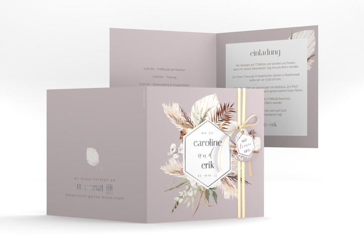 Hochzeitseinladung Bohemian quadr. Klappkarte flieder silber im Boho-Style mit Pampasgras