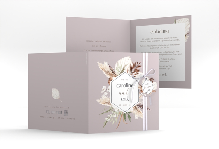 Hochzeitseinladung Bohemian quadr. Klappkarte flieder silber im Boho-Style mit Pampasgras