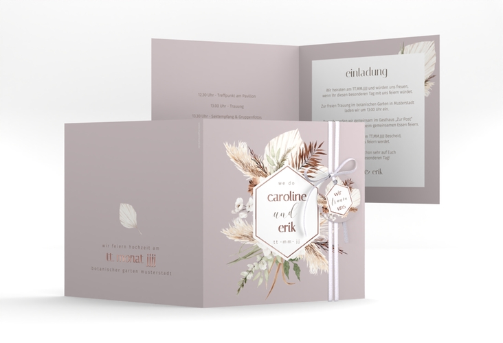 Hochzeitseinladung Bohemian quadr. Klappkarte flieder rosegold im Boho-Style mit Pampasgras