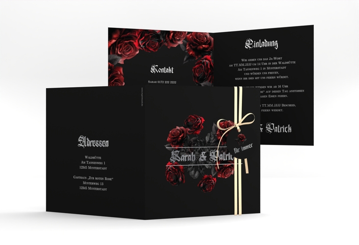 Hochzeitseinladung Gothic Rose quadr. Klappkarte schwarz silber