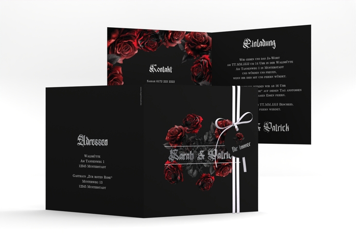 Hochzeitseinladung Gothic Rose quadr. Klappkarte schwarz silber
