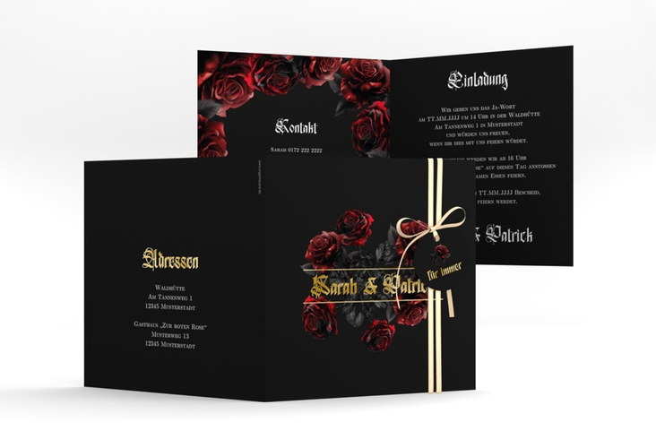 Hochzeitseinladung Gothic Rose quadr. Klappkarte schwarz gold