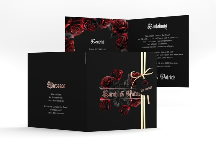 Hochzeitseinladung Gothic Rose quadr. Klappkarte schwarz rosegold