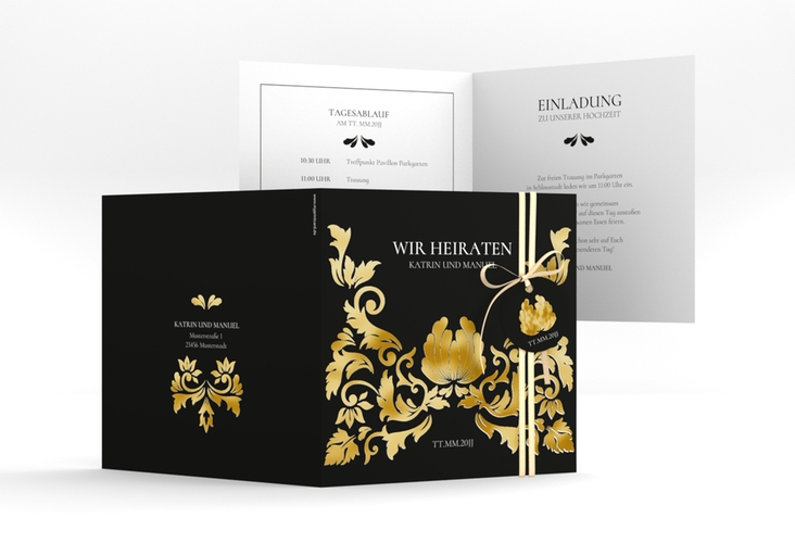 Hochzeitseinladung Royal quadr. Klappkarte schwarz gold mit barockem Blumen-Ornament