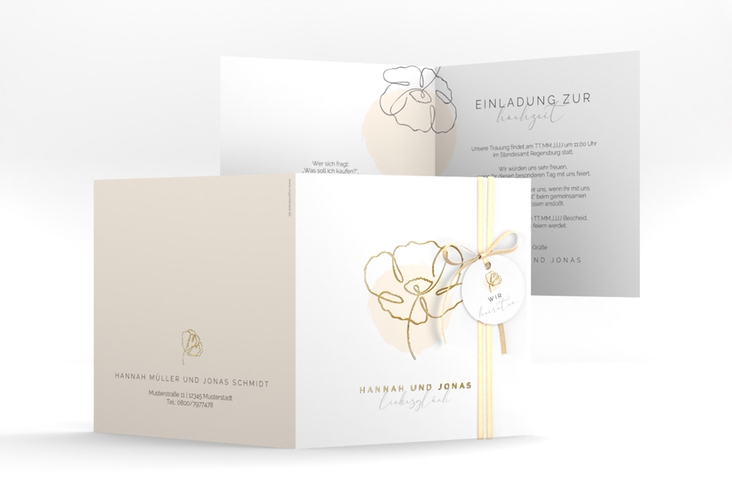Hochzeitseinladung Flowerline quadr. Klappkarte apricot gold