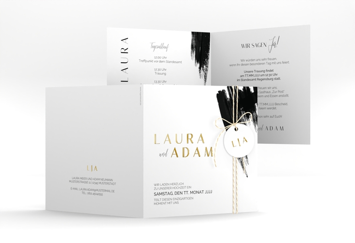 Hochzeitseinladung Brush quadr. Klappkarte schwarz gold