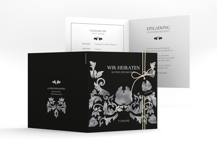 Hochzeitseinladung Royal quadr. Klappkarte schwarz silber mit barockem Blumen-Ornament