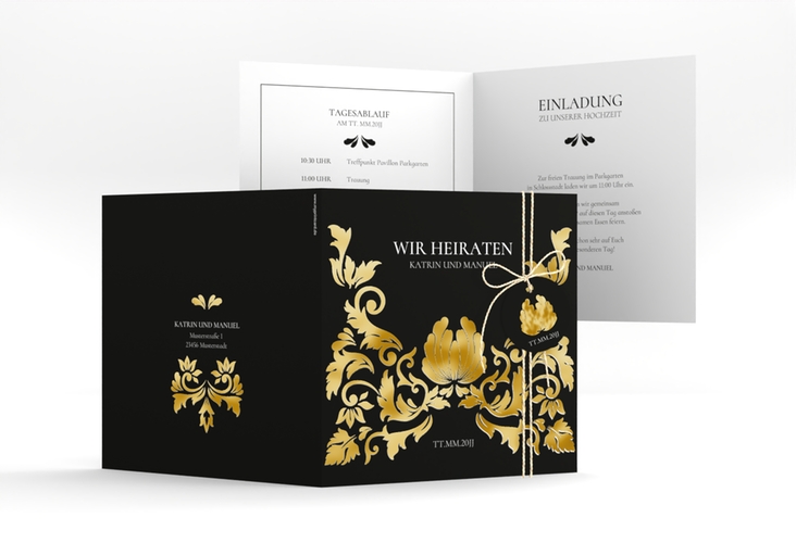 Hochzeitseinladung Royal quadr. Klappkarte schwarz gold mit barockem Blumen-Ornament