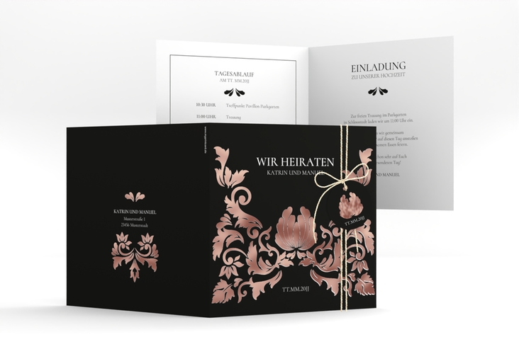 Hochzeitseinladung Royal quadr. Klappkarte schwarz rosegold mit barockem Blumen-Ornament