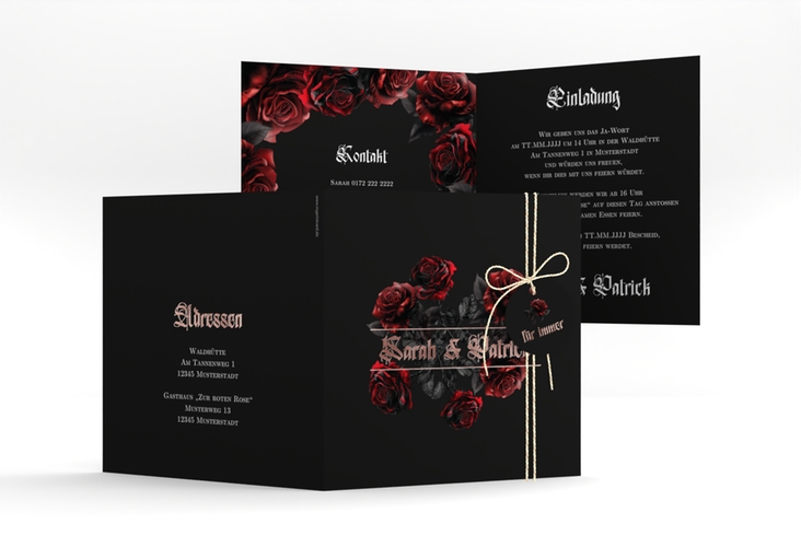 Hochzeitseinladung Gothic Rose quadr. Klappkarte schwarz rosegold