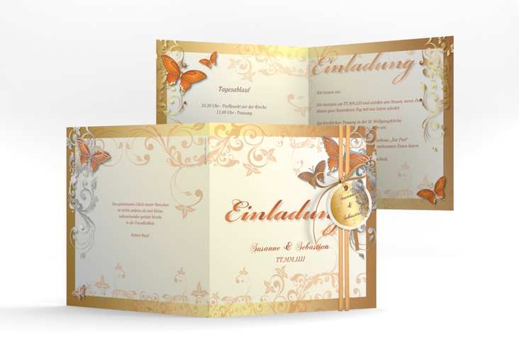 Hochzeitseinladung Toulouse quadr. Klappkarte orange silber romantisch mit Schmetterlingen