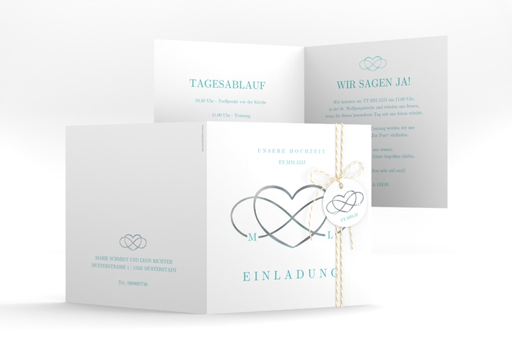 Hochzeitseinladung Infinity quadr. Klappkarte tuerkis silber