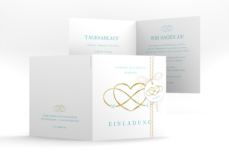 Hochzeitseinladung Infinity quadr. Klappkarte tuerkis gold
