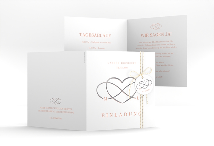 Hochzeitseinladung Infinity quadr. Klappkarte apricot silber