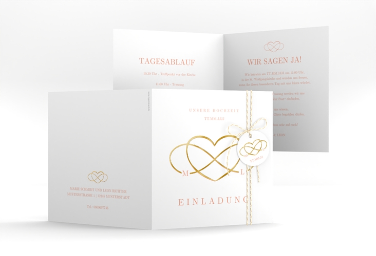 Hochzeitseinladung Infinity quadr. Klappkarte apricot gold