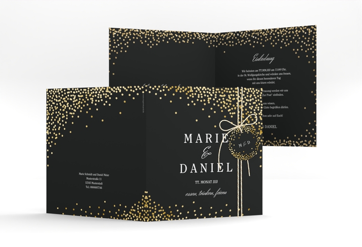 Hochzeitseinladung Glitter quadr. Klappkarte schwarz gold
