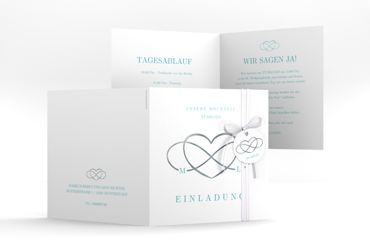 Hochzeitseinladung Infinity quadr. Klappkarte tuerkis silber