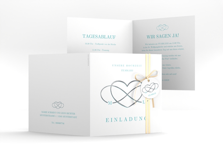 Hochzeitseinladung Infinity quadr. Klappkarte tuerkis silber