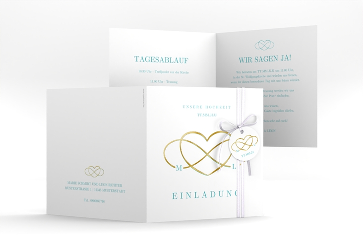Hochzeitseinladung Infinity quadr. Klappkarte tuerkis gold