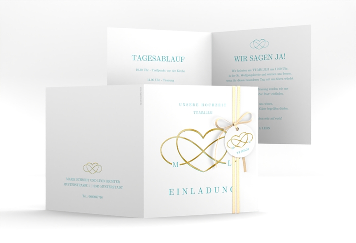Hochzeitseinladung Infinity quadr. Klappkarte tuerkis gold