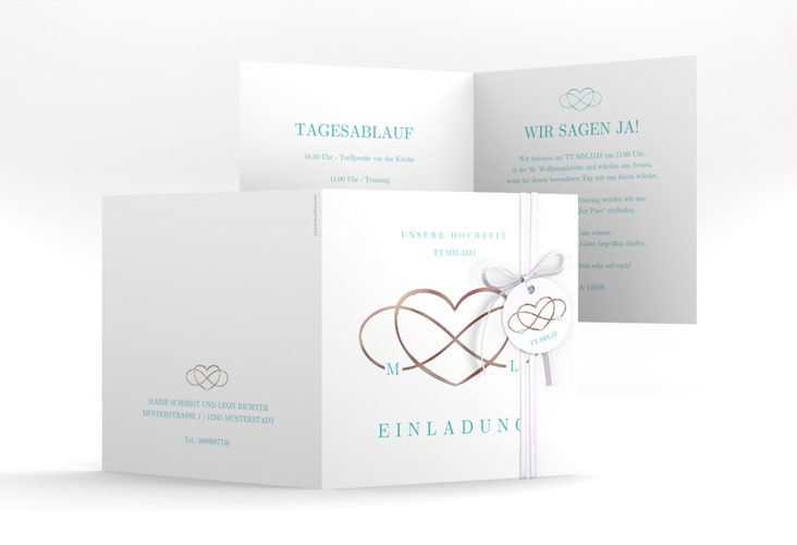 Hochzeitseinladung Infinity quadr. Klappkarte tuerkis rosegold