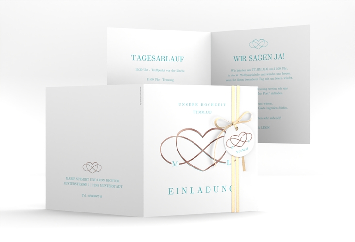 Hochzeitseinladung Infinity quadr. Klappkarte tuerkis rosegold