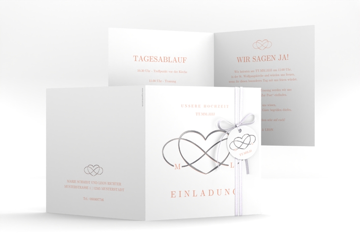 Hochzeitseinladung Infinity quadr. Klappkarte apricot silber