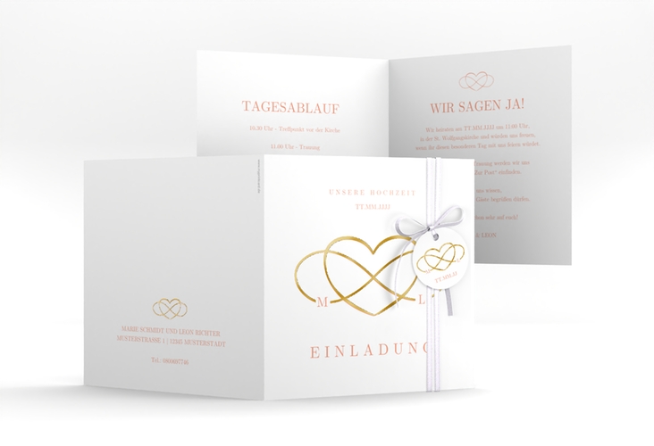 Hochzeitseinladung Infinity quadr. Klappkarte apricot gold