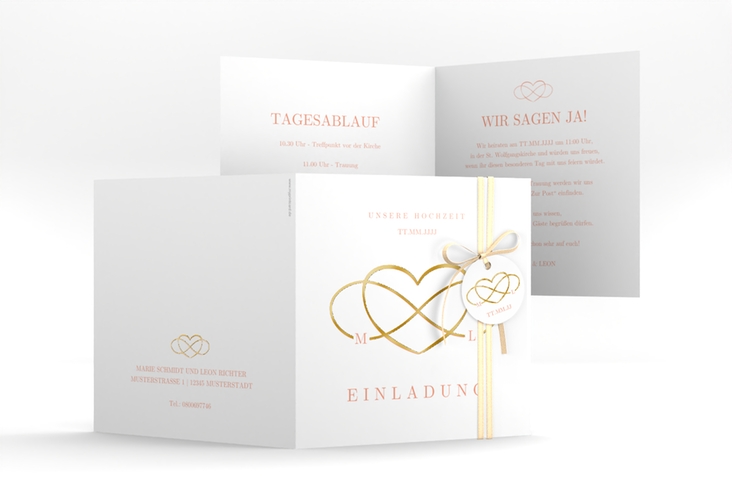 Hochzeitseinladung Infinity quadr. Klappkarte apricot gold