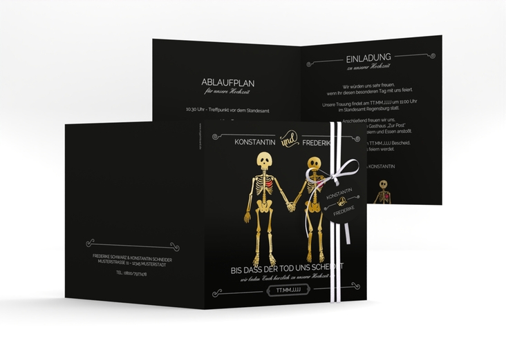 Hochzeitseinladung Bones quadr. Klappkarte schwarz gold