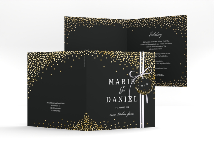 Hochzeitseinladung Glitter quadr. Klappkarte schwarz gold