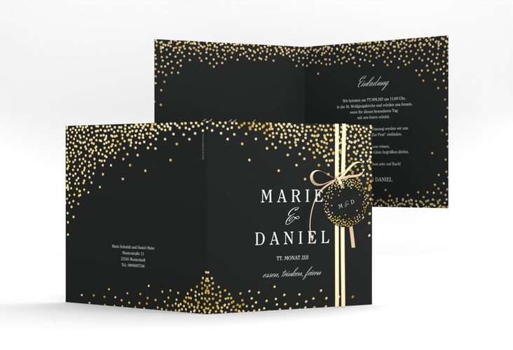 Hochzeitseinladung Glitter quadr. Klappkarte schwarz gold