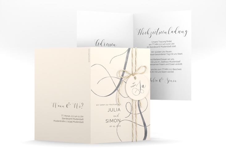 Hochzeitseinladung Eheschließung A6 Klappkarte hoch beige silber mit Gräsern und Trockenblumen für Boho-Hochzeit