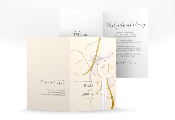 Hochzeitseinladung Eheschließung A6 Klappkarte hoch beige gold mit Gräsern und Trockenblumen für Boho-Hochzeit