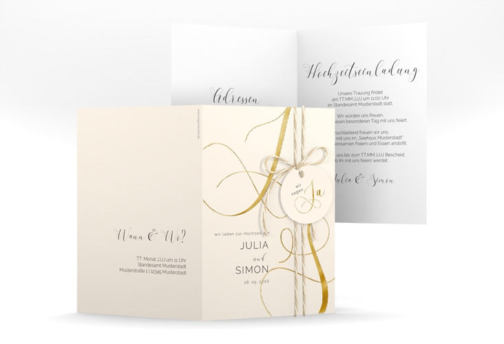 Hochzeitseinladung Eheschließung A6 Klappkarte hoch beige gold mit Gräsern und Trockenblumen für Boho-Hochzeit