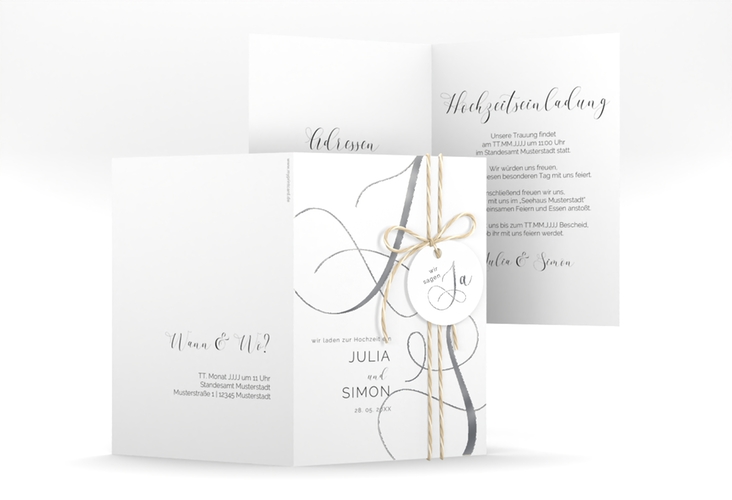 Hochzeitseinladung Eheschließung A6 Klappkarte hoch weiss silber mit Gräsern und Trockenblumen für Boho-Hochzeit