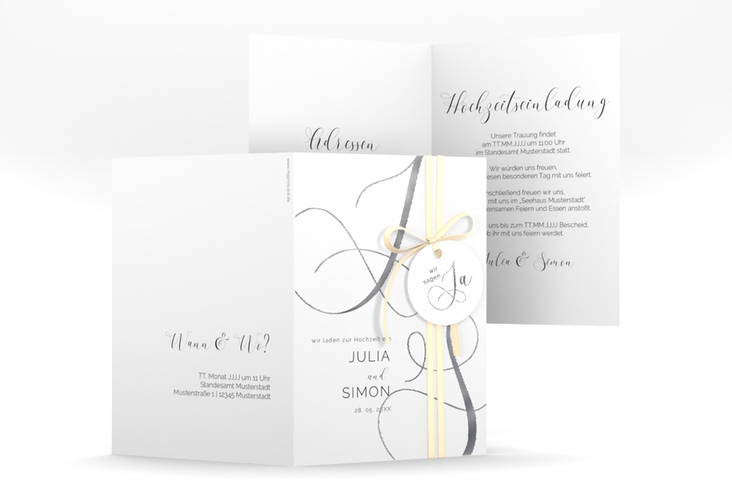 Hochzeitseinladung Eheschließung A6 Klappkarte hoch weiss silber mit Gräsern und Trockenblumen für Boho-Hochzeit