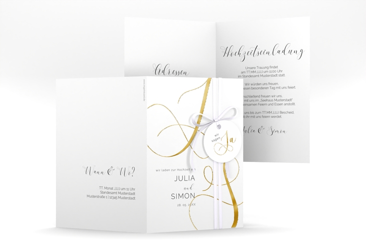 Hochzeitseinladung Eheschließung A6 Klappkarte hoch weiss gold mit Gräsern und Trockenblumen für Boho-Hochzeit