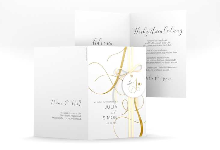 Hochzeitseinladung Eheschließung A6 Klappkarte hoch weiss gold mit Gräsern und Trockenblumen für Boho-Hochzeit