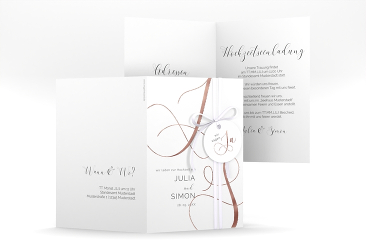 Hochzeitseinladung Eheschließung A6 Klappkarte hoch weiss rosegold mit Gräsern und Trockenblumen für Boho-Hochzeit