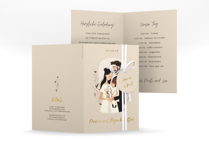 Einladungskarte Hochzeit Familienglück A6 Klappkarte hoch beige gold für Paare mit Kind