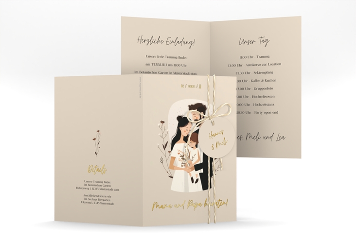 Einladungskarte Hochzeit Familienglück A6 Klappkarte hoch beige gold für Paare mit Kind