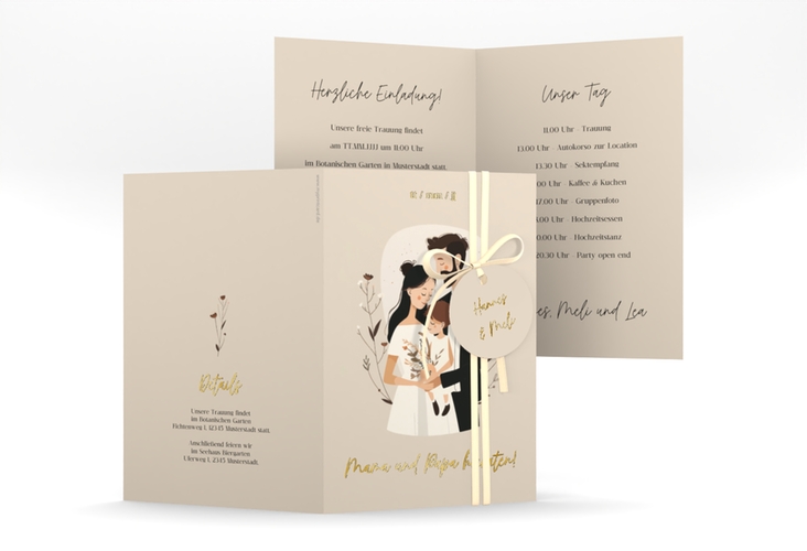 Einladungskarte Hochzeit Familienglück A6 Klappkarte hoch beige gold für Paare mit Kind