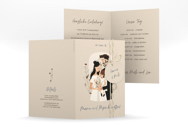 Einladungskarte Hochzeit Familienglück A6 Klappkarte hoch beige silber für Paare mit Kind